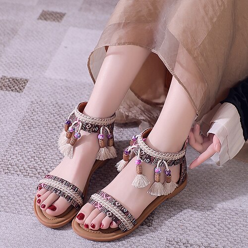 

Damen Sandalen Boho Flache Sandalen Outdoor Strand Quaste Flacher Absatz Vintage Brautkleider schlicht Leinwand Reißverschluss Rote Blau Kaki
