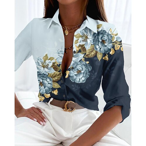 

Mulheres Camisa Social Blusa Azul Roxo Verde Floral Botão Imprimir Manga Longa Casual Feriado Básico Colarinho de Camisa Padrão Tema Flores S