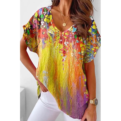 

Mulheres Camiseta Amarelo Verde Floral Imprimir Manga Curta Casual Feriado Básico Decote V Padrão Tema Flores S