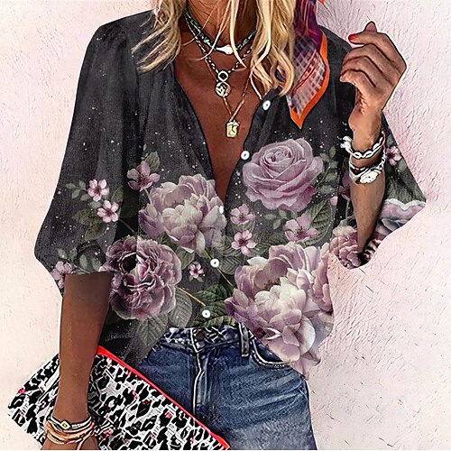 

Chemise Chemisier Femme Rose Claire Rouge Violet Floral Bouton Imprimer manche longue Casual Vacances basique Col Mao Normal Standard Fleur S