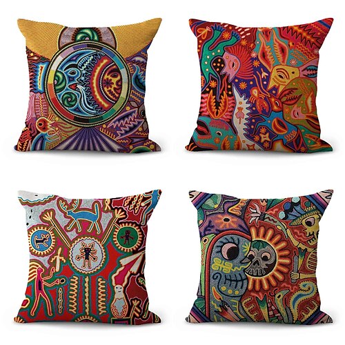 

Mexican Huichol Double Side Pillow Cover 4PC Soft Decorative Square Cushion Case Pillowcase for Bedroom Livingroom Sofa Couch Chair