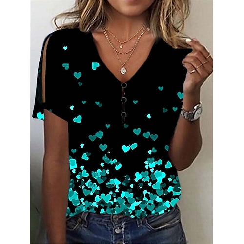 

Mulheres Camiseta Preto Azul Verde Floral Botão Com Corte Manga Curta Feriado Final de semana Básico Decote V Padrão Tema Flores Pintura S