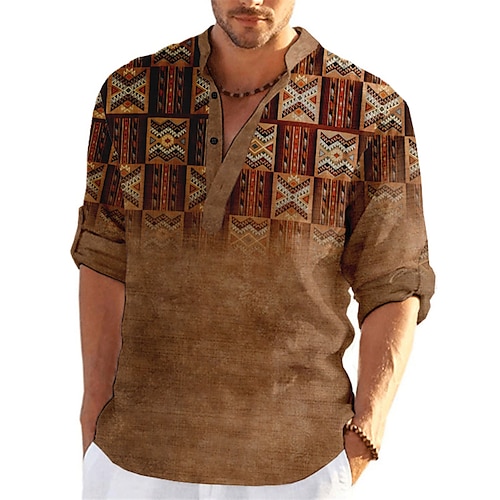 

Homens Camisa Social camisa de linho Tribal Estampas Abstratas Vintage Geometria Colarinho Chinês Amarelo Azul Verde Cinzento Ao ar livre Rua Manga Longa Imprimir Roupa Linho Moda Roupa de rua