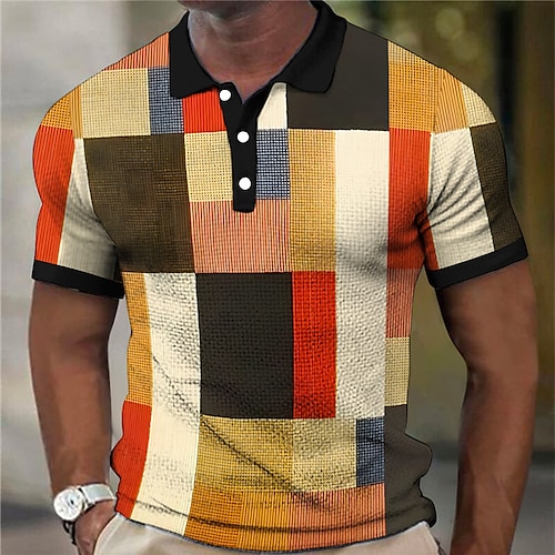 

Men's Waffle Polo Shirt Button Up Polos Lapel Polo Polo Shirt Golf Shirt Color Block Plaid / Check Graphic Prints Geometry Turndown Wine Yellow Orange Brown Green Outdoor Street Short Sleeve Print