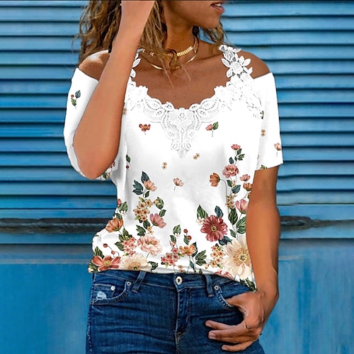 

Mujer Camiseta Blanco Floral Encaje Estampado Manga Corta Festivos Fin de semana Básico Escote Redondo Regular Flor Pintura S