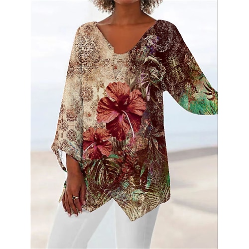 

Chemise Chemisier Femme Noir Blanche Jaune Floral Plume Asymétrique Imprimer manche longue Casual Vacances basique Col Rond Longue Standard Fleur S