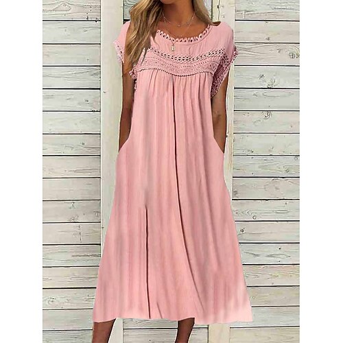 

Mulheres Vestido casual Vestido de linho de algodão Vestido midi Misto de Algodão Básico Moderno Ao ar livre Diário Gola Redonda Patchwork Bolsos Manga Curta Verão Primavera 2023 Normal Rosa Tecido S