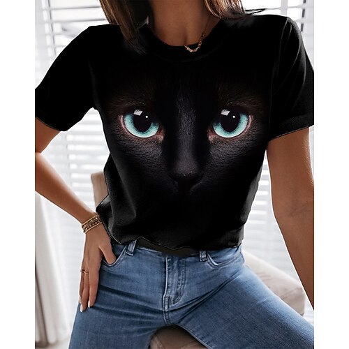 

Mulheres Camiseta Preto Gato 3D Imprimir Manga Curta Diário Final de semana Básico Decote Redondo Padrão Gato 3D Pintura S