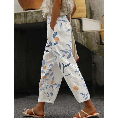 

Women's Linen Pants Pants Trousers Faux Linen White Blue Green Casual Holiday Weekend Side Pockets Print Full Length Comfort Floral S M L XL XXL