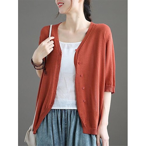 

Mujer Chaqueta de Punto Puente Estriado Tejer Botón Color sólido Escote en Pico Elegante Casual Diario Noche Verano Primavera Negro Blanco S M L