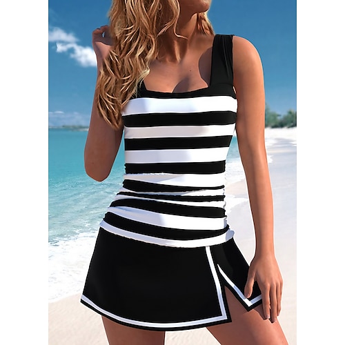 

Women's Swimwear Tankini 2 Piece Normal Swimsuit 2 Piece Printing Striped Palm Tree Black Navy Blue Bathing Suits Sports Beach Wear Summer