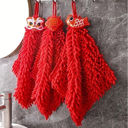 

Red Chenille Hand Towel Hanging Cute Wedding Hand Towel Cartoon Kitchen Bathroom Handkerchief