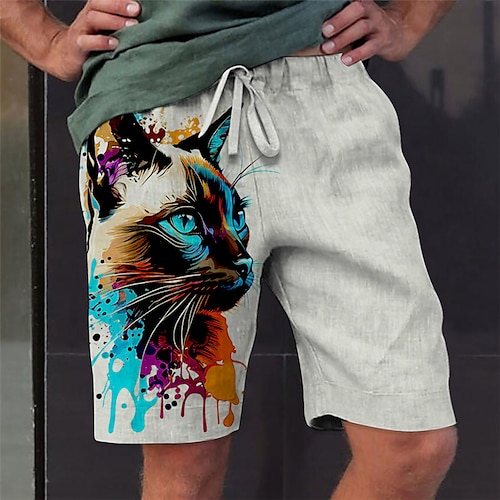 

Men's Shorts Summer Shorts Beach Shorts Drawstring Elastic Waist 3D Print Graphic Animal Cat Breathable Soft Short Casual Daily Holiday Streetwear Hawaiian Green Khaki Micro-elastic