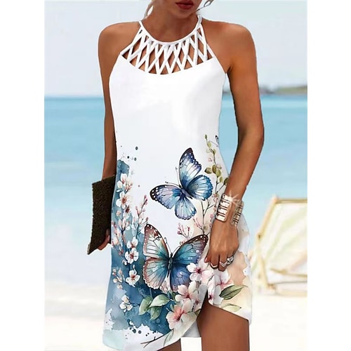 

Women's A Line Dress Floral Cut Out Print Halter Neck Mini Dress Daily Vacation Sleeveless Summer Spring