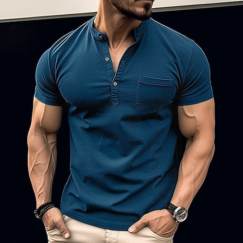 

Homens Camisa Henley T-shirt Tecido Henley Rua Férias Manga Curta Bolsos Roupa Moda Designer Básico