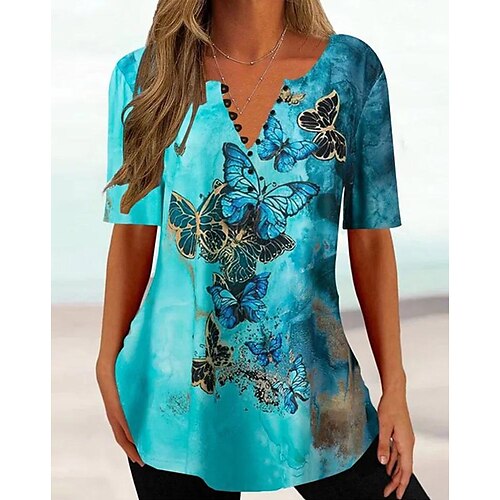 

Mulheres Camiseta Roxo Profundo Preto Rosa Floral Borboleta Botão Imprimir Manga Curta Casual Básico Decote Redondo Padrão Tema Flores Borboleta S