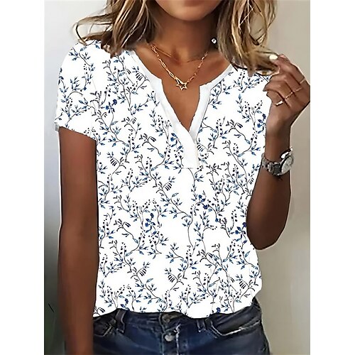 

Mujer Camiseta Blanco Floral Estampado Manga Corta Festivos Fin de semana Básico Escote en Pico Regular Flor Pintura S