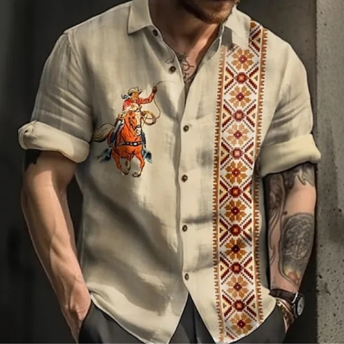 

Homme Chemise Chemise hawaïenne Imprimés Photos Peinture à l'Huile Rétro Vintage Cowboy Col rabattu Bleu Vert Kaki Extérieur Plein Air Manches courtes Imprimer Vêtement Tenue Mode Vêtement de rue