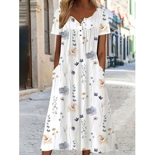 

Mulheres Vestido casual Vestido A Line Vestido de verão Floral Estampado Cashemere Bolsos Imprimir Decote V Vestido midi Moda Moderno Diário Feriado Manga Curta Normal Branco Creme Azul Verão