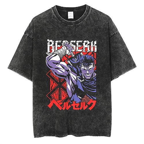 

Berserk Guts T-shirt Oversized Acid Washed Tee Print Retro Vintage Punk Gothic T-shirt For Men's Women's Unisex Adults' Hot Stamping 100% Cotton Casual Daily