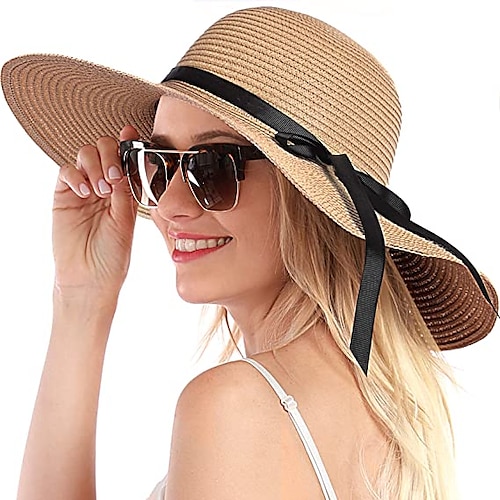 

1 Pc Womens Straw Hat Wide Brim Floppy Beach Sun Hat for Women UPF 50 Adjustable Strap Vacation