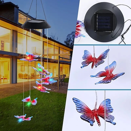 

Solar-Windspiele, farbwechselnde Schmetterlingslichter, solarbetrieben, wasserdicht, 6 LEDs, solarbetriebene Windspiele, solarbetriebene Lichter für Haus, Garten, Terrasse, Fensterdekoration