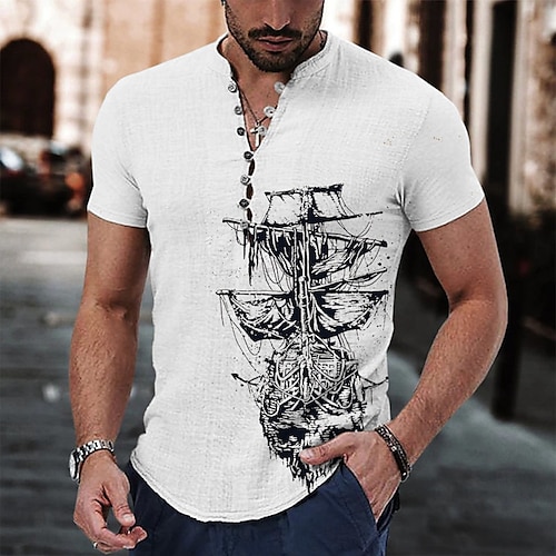 

Homens Camisa Social camisa de linho Estampas Abstratas Vintage Veleiro Colarinho Chinês Branco Azul Laranja Cáqui Ao ar livre Rua Manga Curta Imprimir Roupa Linho Moda Roupa de rua Designer Casual