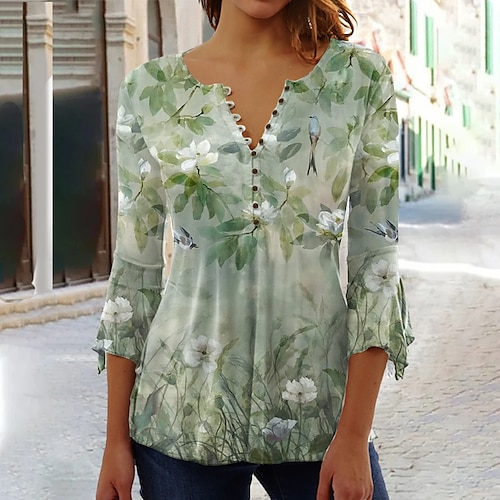 

Chemise Chemisier Femme Vert Floral Bouton Imprimer Manches 3/4 Vacances basique Col Rond Normal Standard Fleur S