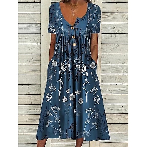 

Women's Casual Dress Summer Dress Print Dress Floral Ruched Button Split Neck Midi Dress Active Fashion Daily Vacation Short Sleeve Loose Fit Blue Summer Spring S M L XL XXL