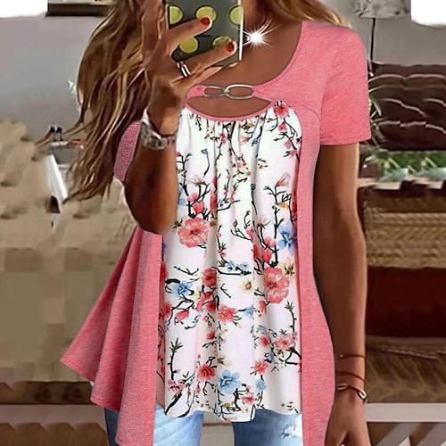 

Mulheres Camiseta Rosa Verde Floral Imprimir Manga Curta Feriado Final de semana Básico Decote U Padrão Tema Flores Pintura S