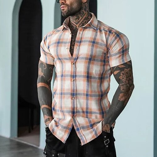 

Men's Shirt Button Up Shirt Casual Shirt Summer Shirt Beach Shirt Orange Green Short Sleeve Plaid / Check Lapel Daily Vacation Clothing Apparel Fashion Casual Comfortable