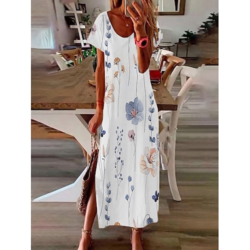 

Women's Long Dress Maxi Dress Casual Dress Print Dress Graphic Floral Color Block Fashion Modern Daily Holiday Vacation Print Short Sleeve V Neck Dress Regular Fit Light Pink White Yellow Summer