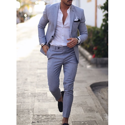 

Light Blue Green Men's Linen Suits Wedding Beach Summer Solid Colored 2 Piece Tailored Fit Single Breasted Two-buttons 2024