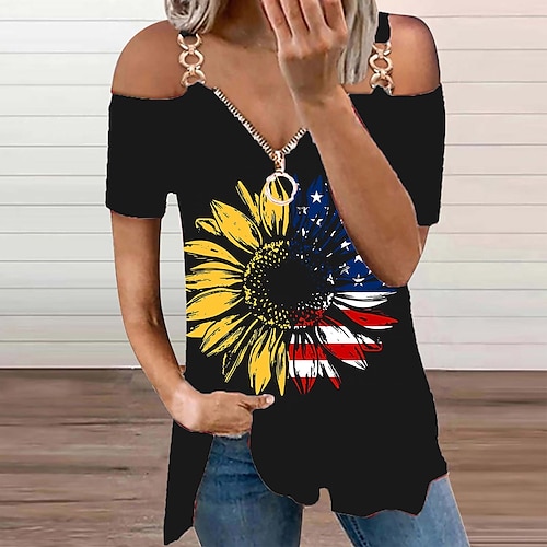 

Damen T Shirt Schwarz Marineblau Blau Blumen Bühnenlicht vielfarbig Viertel Postleitzahl Bedruckt Kurzarm Casual Festtage Basic V Ausschnitt Standard Blume S