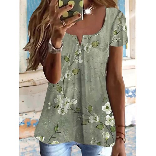 

Women's T shirt Tee Green Khaki Graphic Floral Button Print Short Sleeve Holiday Weekend Tunic Basic V Neck Regular Floral Painting S