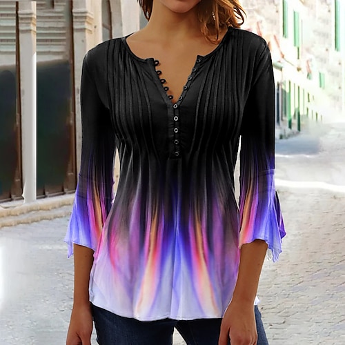 

Chemise Chemisier Femme Blanche Bleu Violet Dégradé de Couleur Imprimer Manches 3/4 Casual basique Col Rond Normal Standard S