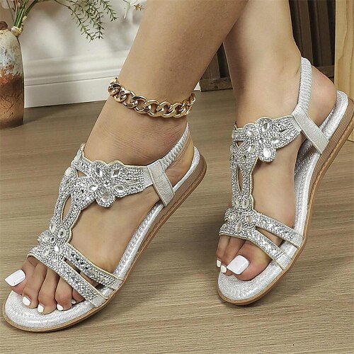 

Damen Sandalen Flache Sandalen Outdoor Strand Strass Flacher Absatz Elegant Brautkleider schlicht Minimalismus Mikrofaser Gummiband Schwarz Weiß Aprikose