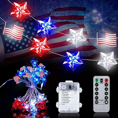 

2m 20 luz/4m 40 luz corda de luz à prova dwaterproof água bandeira americana dia da independência bandeira do canadá decoração corda de controle remoto led alimentado por bateria vermelho branco azul