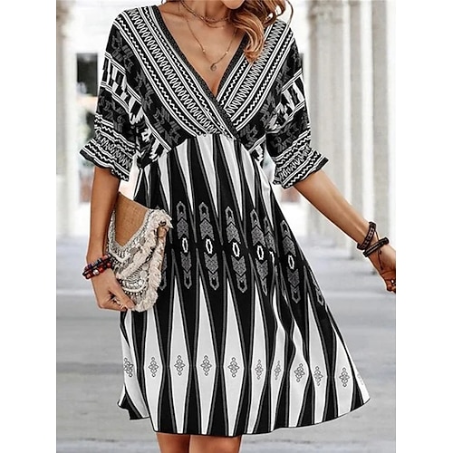 

Women's Casual Dress A Line Dress Summer Dress Geometric Ruffle Print V Neck Midi Dress Fashion Modern Outdoor Daily Half Sleeve Loose Fit Black Blue Summer Spring S M L XL XXL