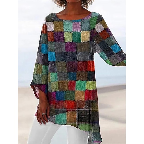 

Women's Shirt Blouse Rainbow Geometric Asymmetric Print Long Sleeve Casual Basic Round Neck Long Linen Geometric S