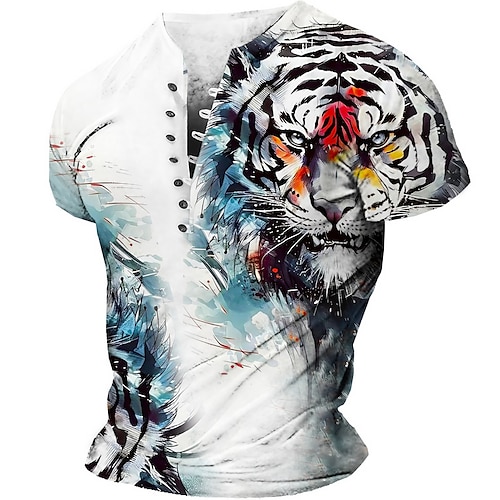 

Hombre Camiseta Henley Shirt Graphic Animal Tigre Henley Ropa Impresión 3D Diario Deportes Manga Corta Hebilla Estampado Moda Design Vintage