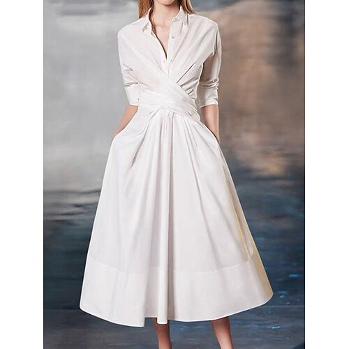 

Robe casual Robe en coton et lin Femme Robe mi-longue Mélange de Coton Mode Moderne Extérieur du quotidien Col de Chemise Bouton Poche Demi Manches Eté Printemps Automne 2023 Standard Rose rouge Plein
