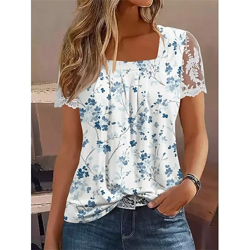 

Mujer Camisa Blusa Blanco Azul Piscina Floral Encaje Estampado Manga Corta Casual Festivos Básico Escote Cuadrado Regular Flor S