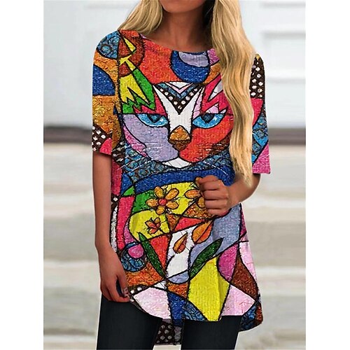 

Mulheres Camiseta Branco Rosa Vermelho Gráfico Gato Imprimir Manga Curta Diário Final de semana Básico Decote Redondo Longo Abstrato Gato 3D Pintura S