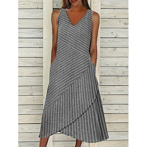 

Women's Casual Dress Cotton Linen Dress Striped Midi Dress Cotton Blend Basic Classic Outdoor Daily Vacation V Neck Pocket Print Sleeveless Summer Spring 2023 Regular Fit Dark Gray S M L XL 2XL