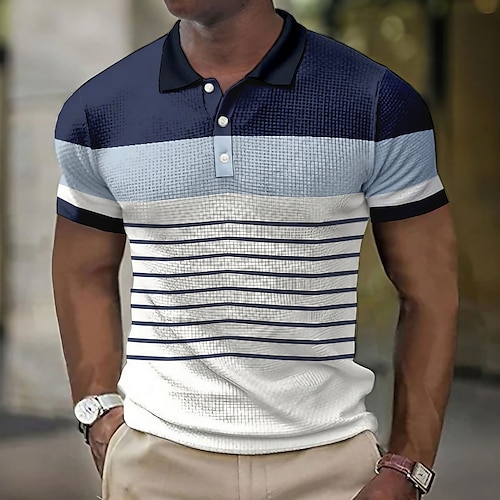 

Men's Waffle Polo Shirt Button Up Polos Lapel Polo Polo Shirt Golf Shirt Gradient Striped Graphic Prints Turndown Pink Navy Blue Blue Green Gray Outdoor Street Short Sleeve Print Clothing Apparel