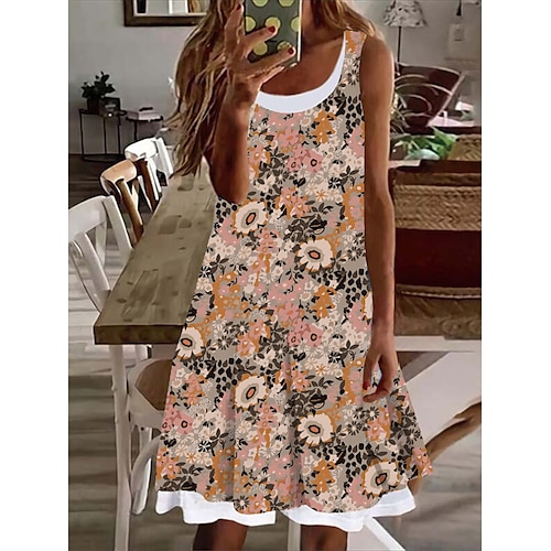 

Damen Lässiges Kleid Tank-Top Kleid Sommerkleid Blumen Batik Patchwork gefälschtes zweiteiliges U-Ausschnitt Midikleid Aktiv Modisch Outdoor Täglich Ärmellos Regular Fit Gelb Rosa Purpur Sommer