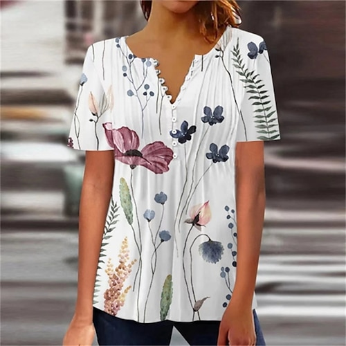 

Damen Hemd Bluse Weiß Blumen Gefaltet Taste Kurzarm Festtage Brautkleider schlicht V Ausschnitt Standard Blume S