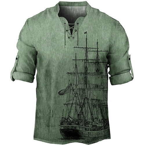 

Men's T shirt Tee Ship Graphic Prints V Neck Clothing Apparel 3D Print Outdoor Street Long Sleeve Lace up Print Fashion Designer Casual