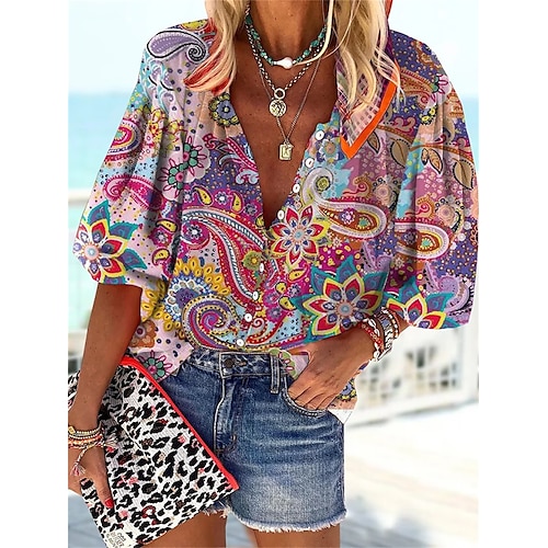 

Women's Shirt Blouse Rainbow Paisley Button Print Long Sleeve Casual Holiday Basic Standing Collar Regular S